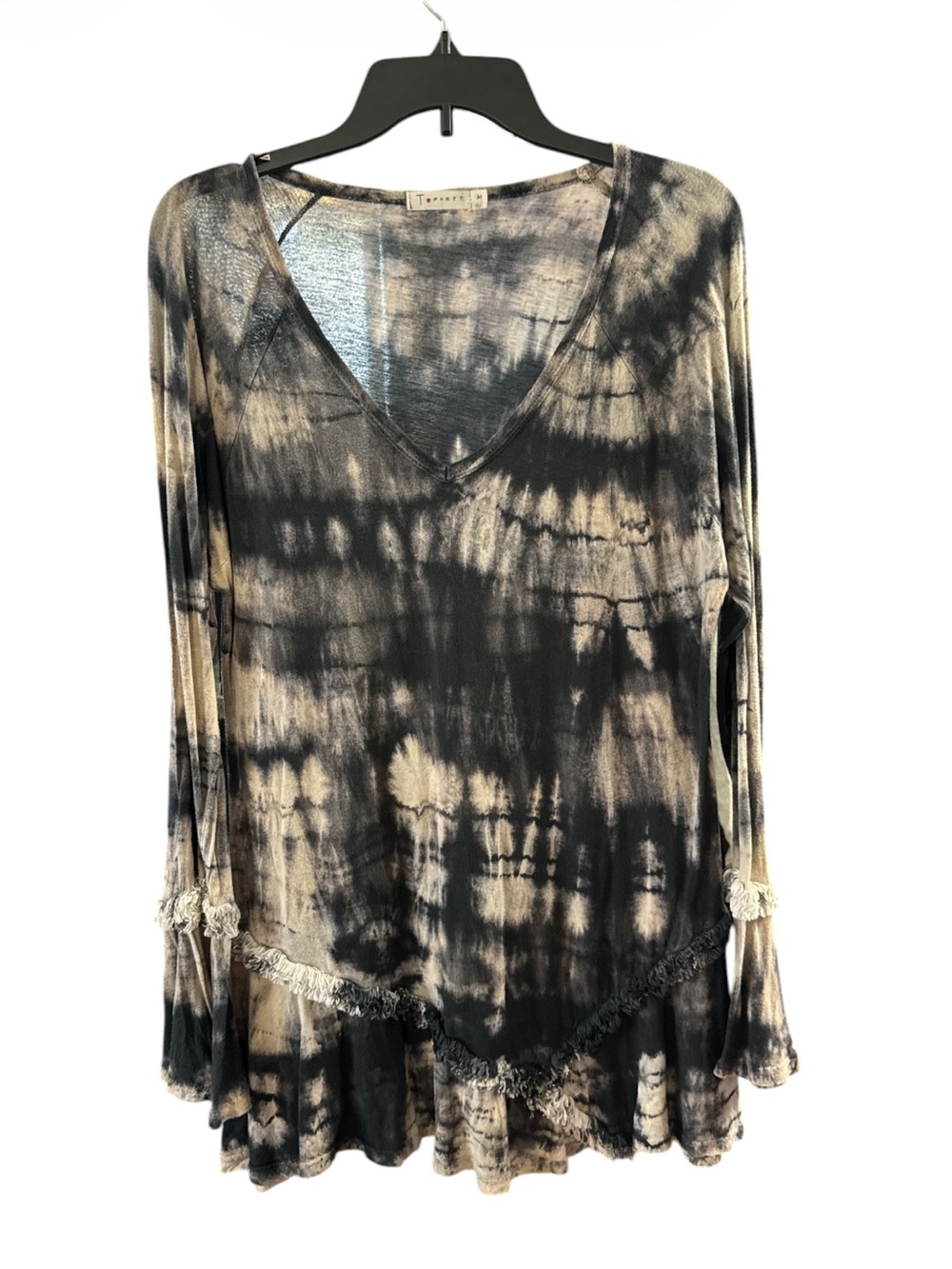 Suggestion
T Party Boho Tie Dye V-Neck Tunic Top Medium Fringe Trim Bell Sleeve
